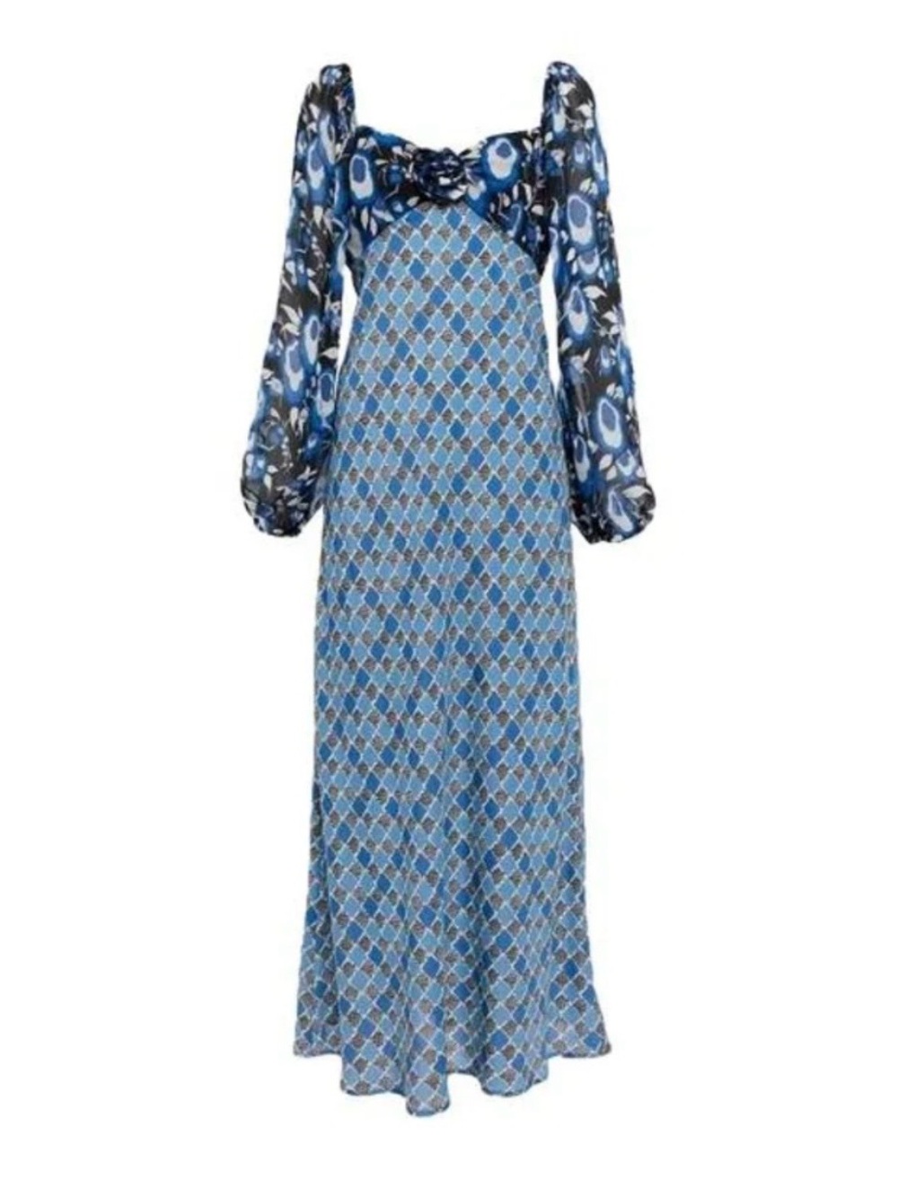 RIXO Blue Geometric Maxi Dress with Sheer Puff Sleeves